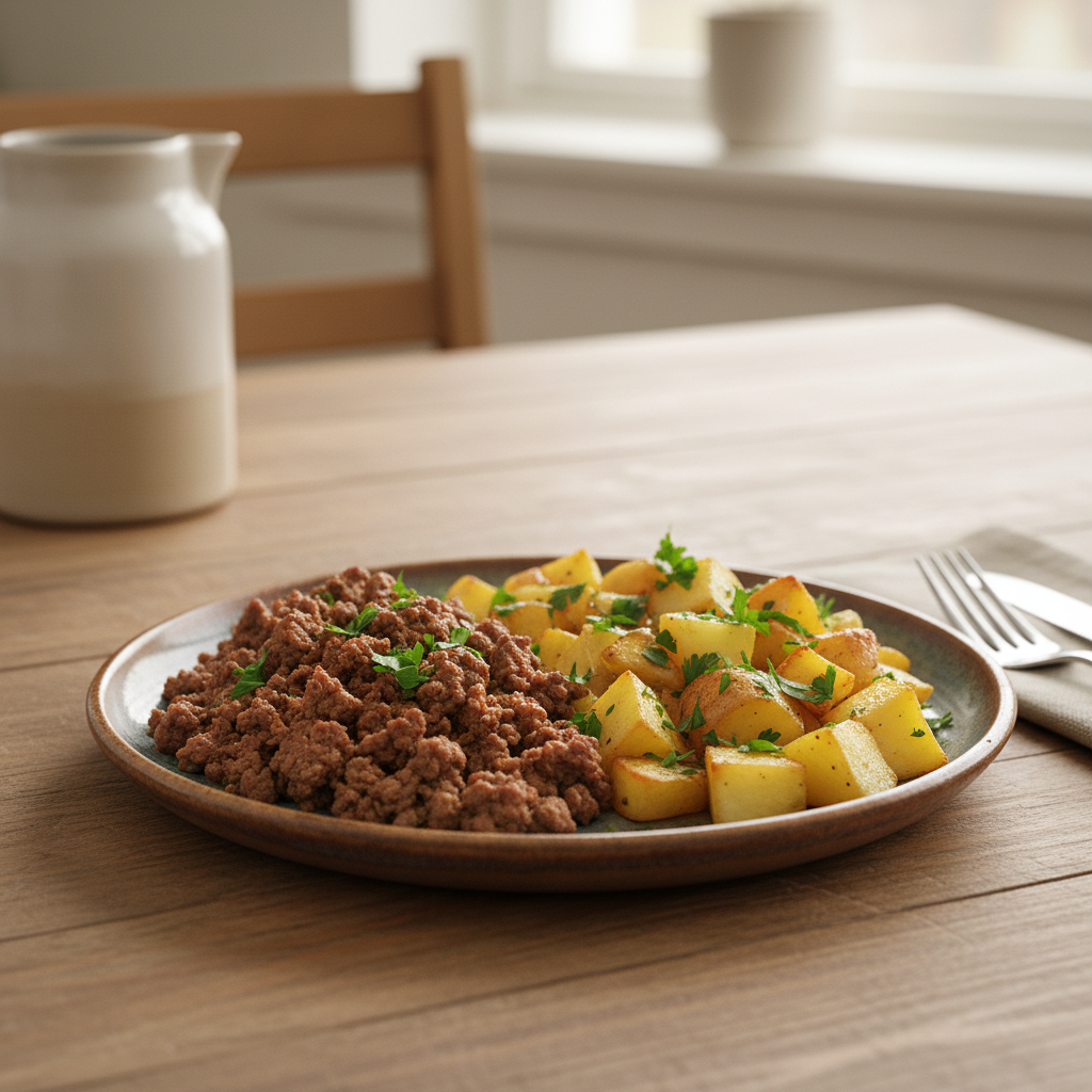 Finished Ground Beef and Potatoes ready to serve