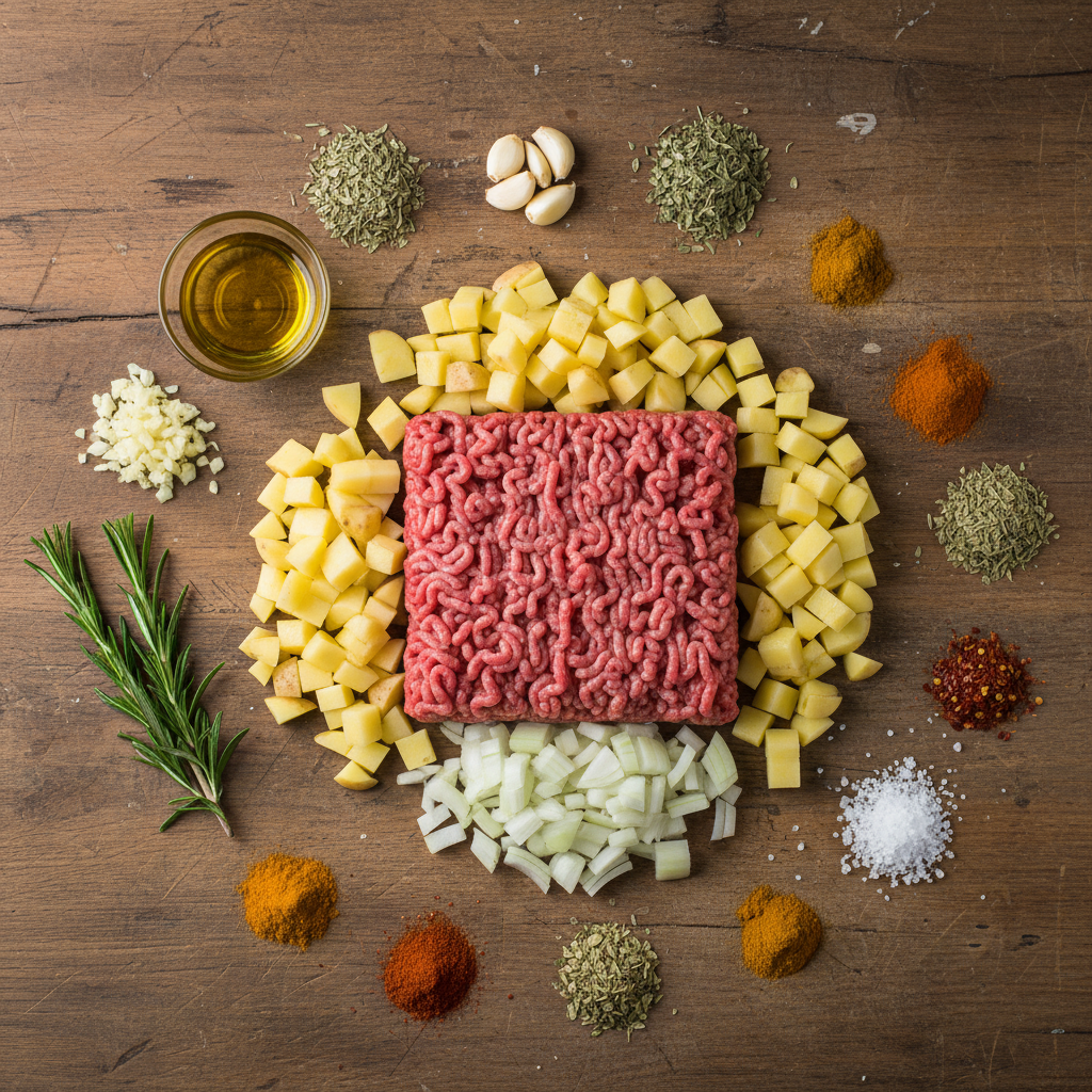 Ingredients for Ground Beef and Potatoes laid out