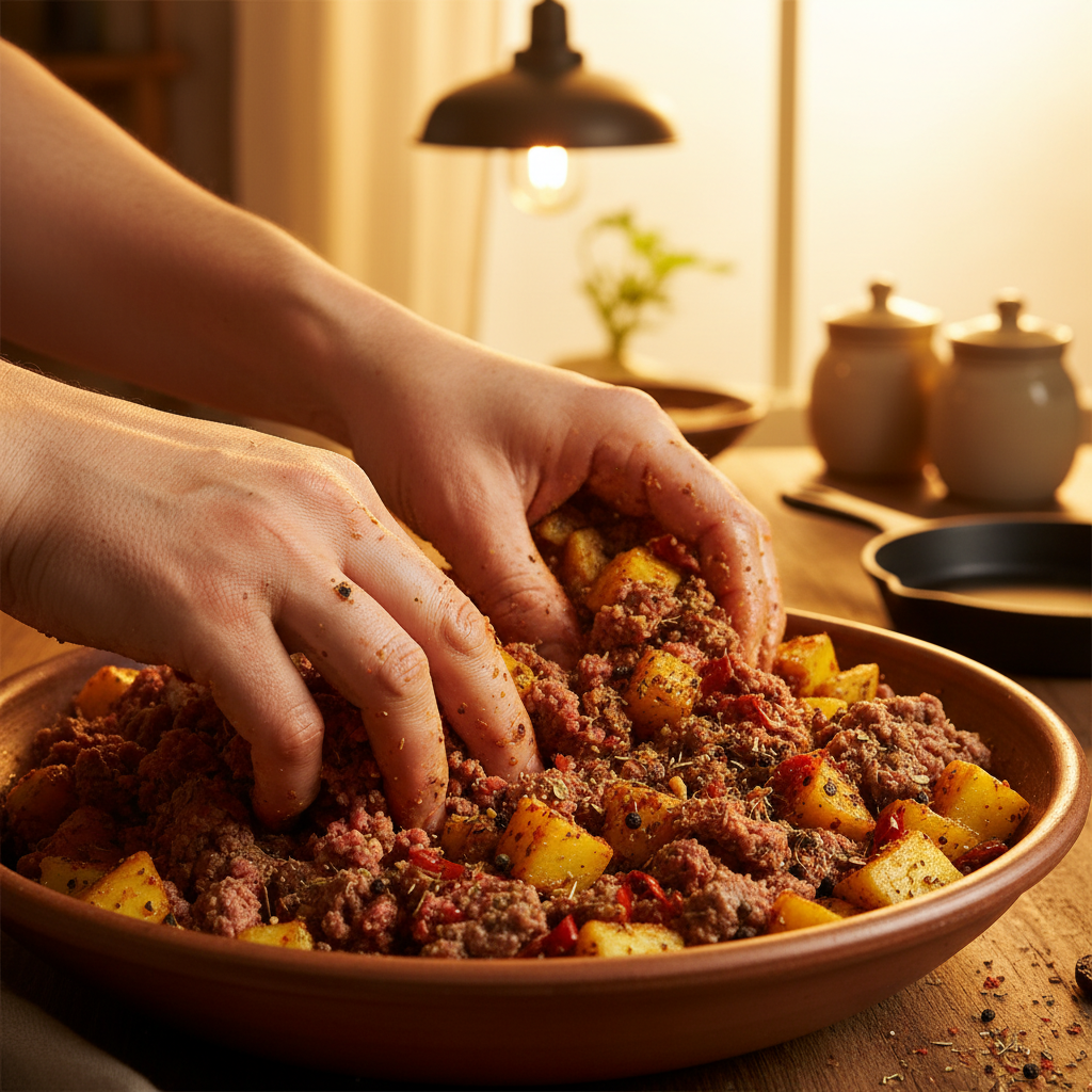 Cooking process of Ground Beef and Potatoes in skillet