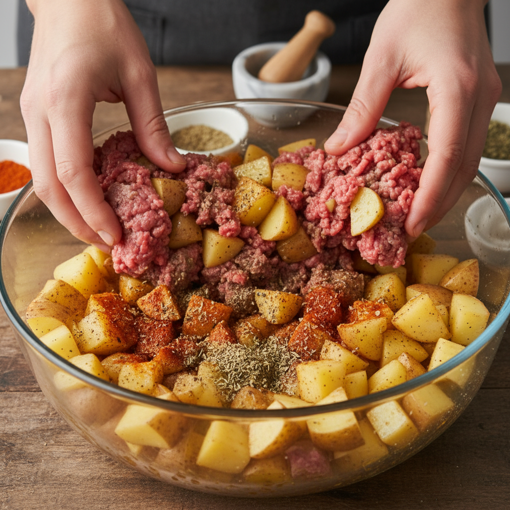 Ground beef cooking in a skillet