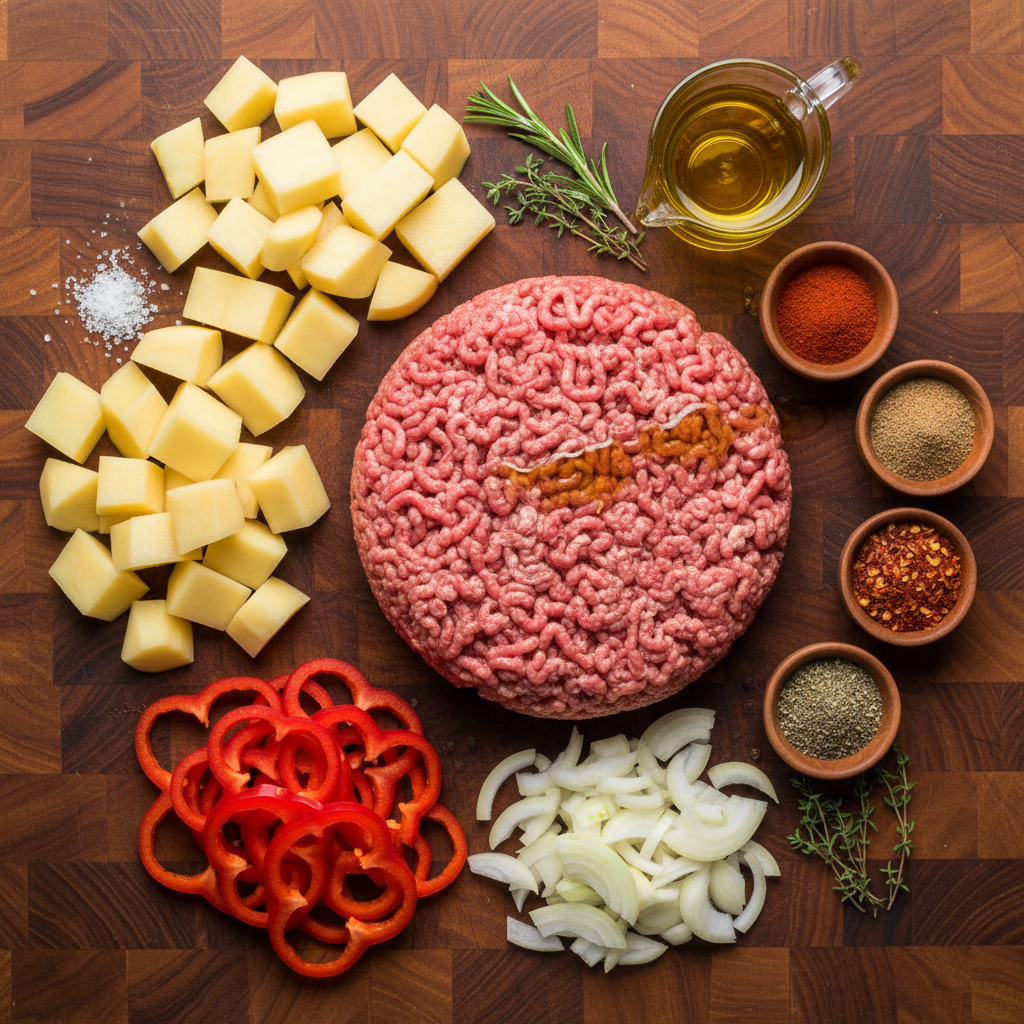 Ingredients for ground beef and potatoes laid out