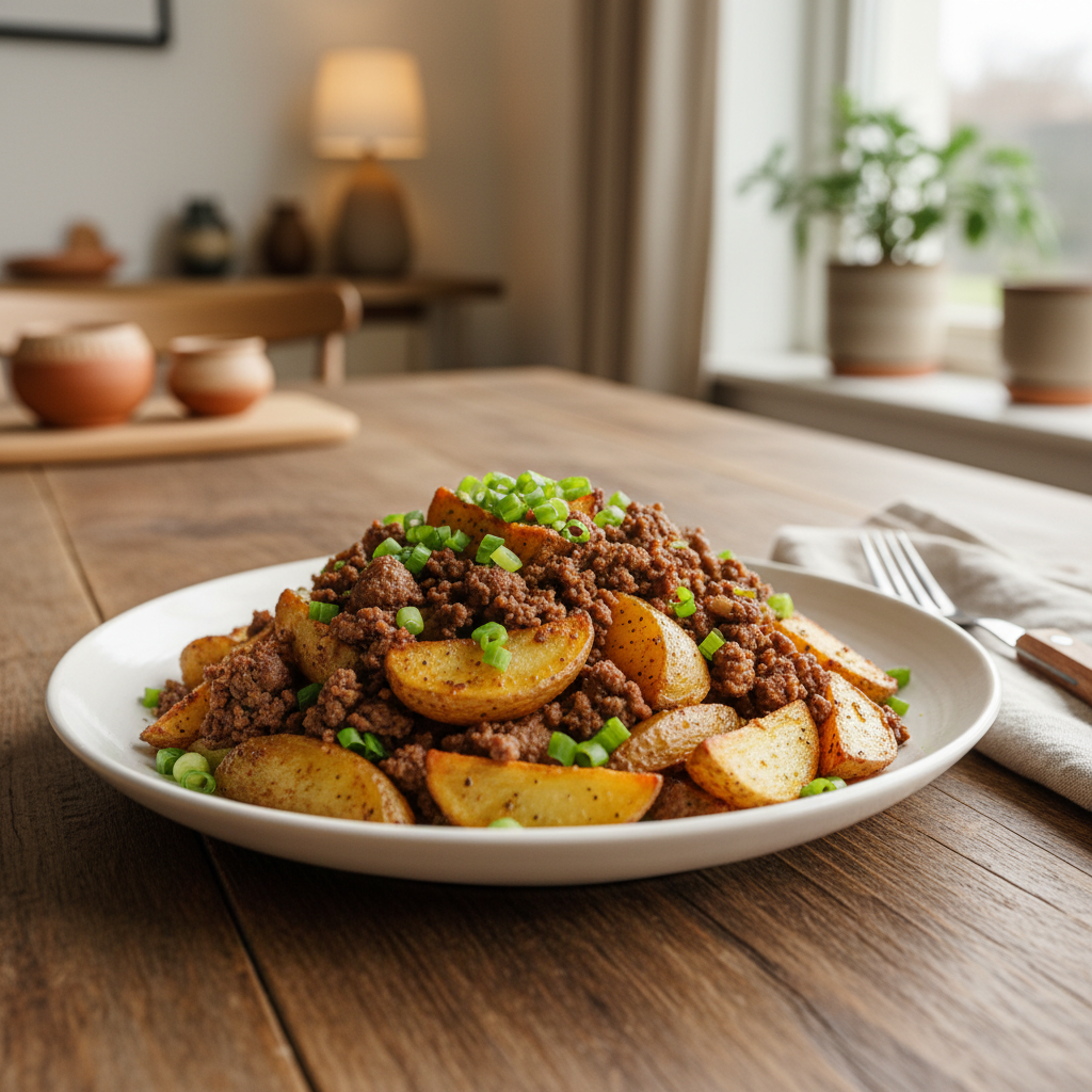 Finished ground beef and potatoes with garnish