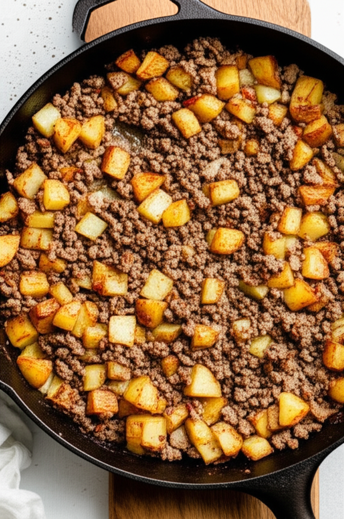 Skillet with ground beef and potatoes cooking