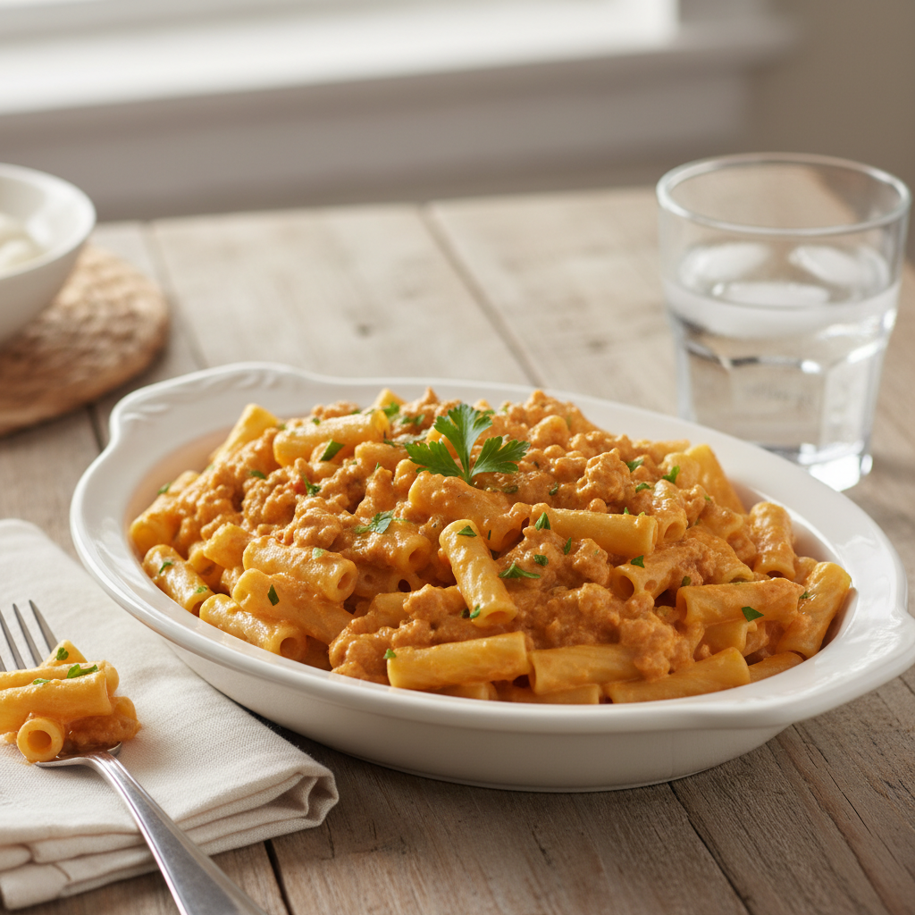 Serving Ground Turkey Pasta with Salad