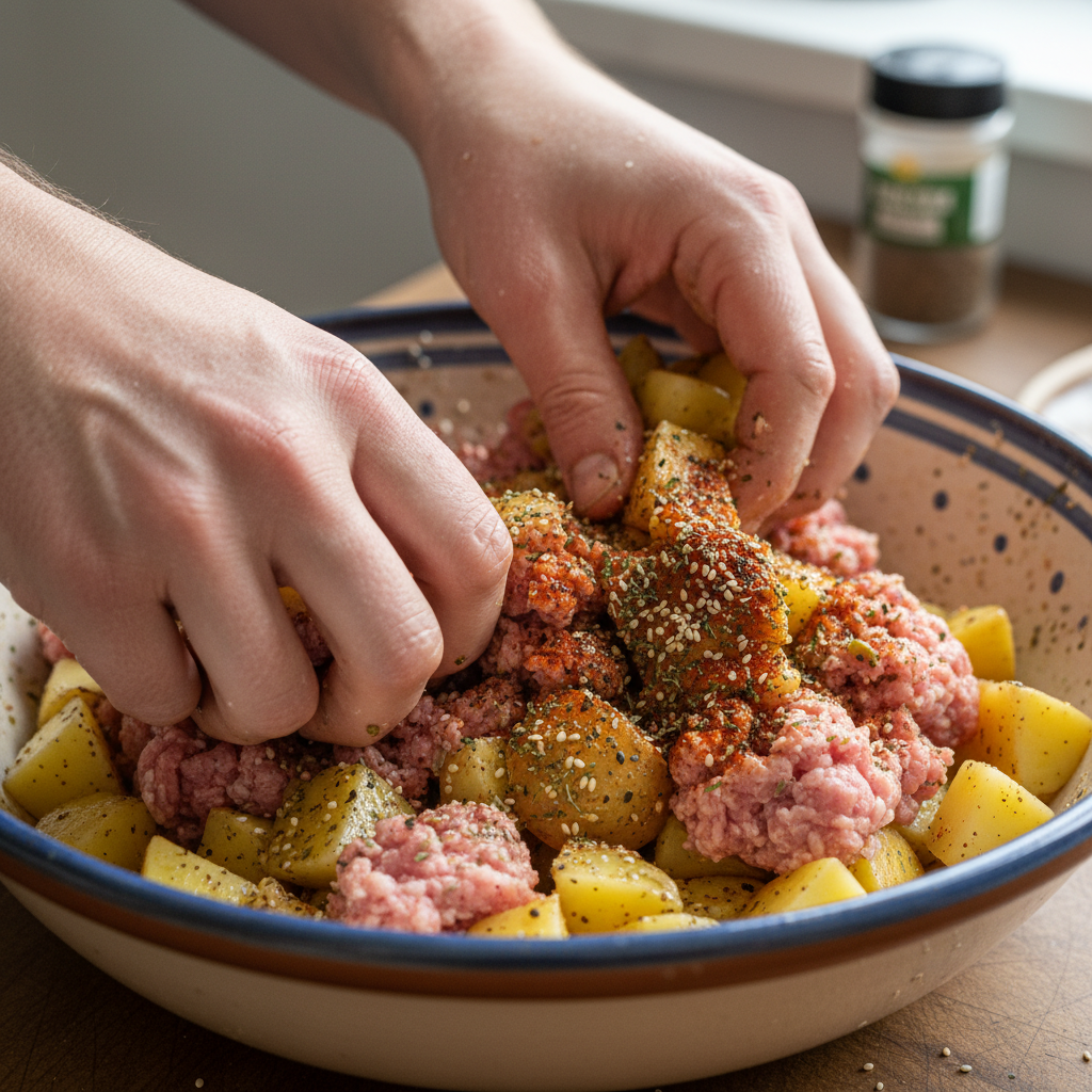Mixing soy sauce and spices for Korean style ground turkey