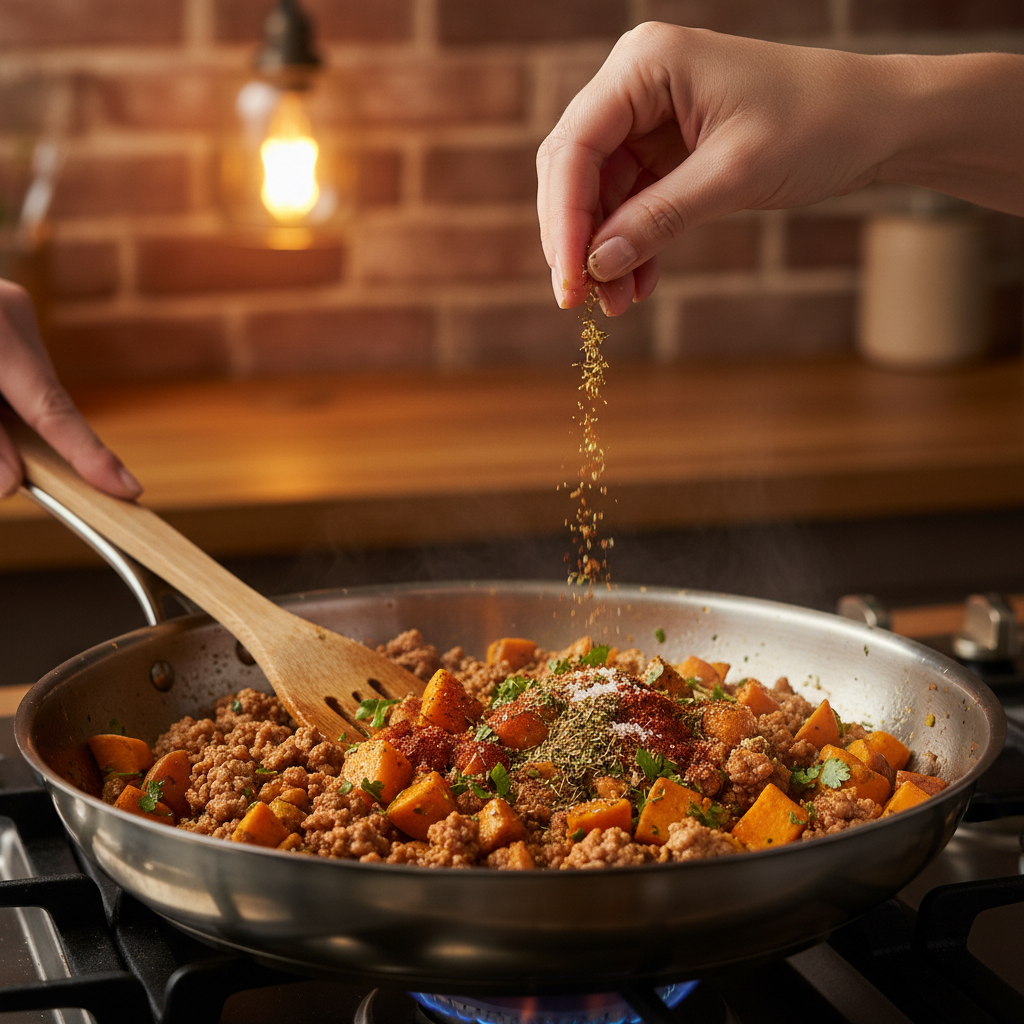 Turkey and vegetable mixture cooking in skillet