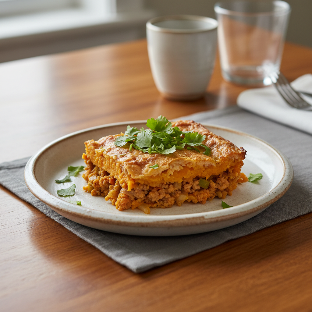 Finished casserole served with fresh garnishes