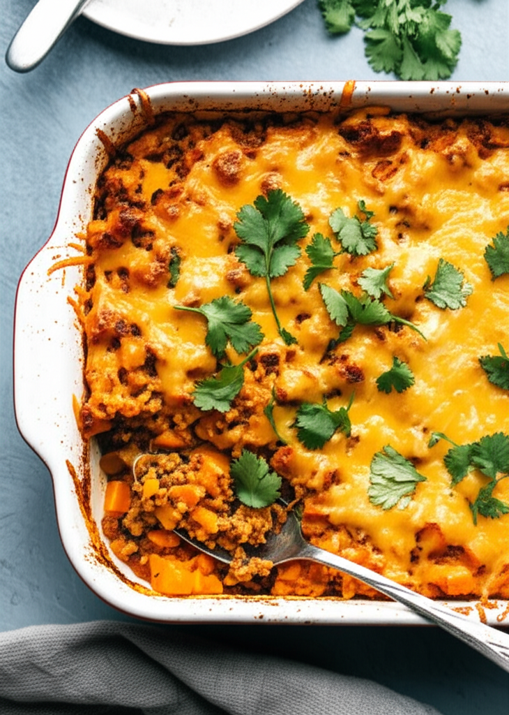Ground Turkey Sweet Potato Casserole served in a baking dish