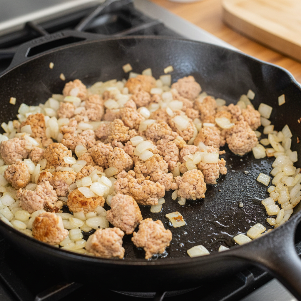 Ground turkey and onion cooking in skillet