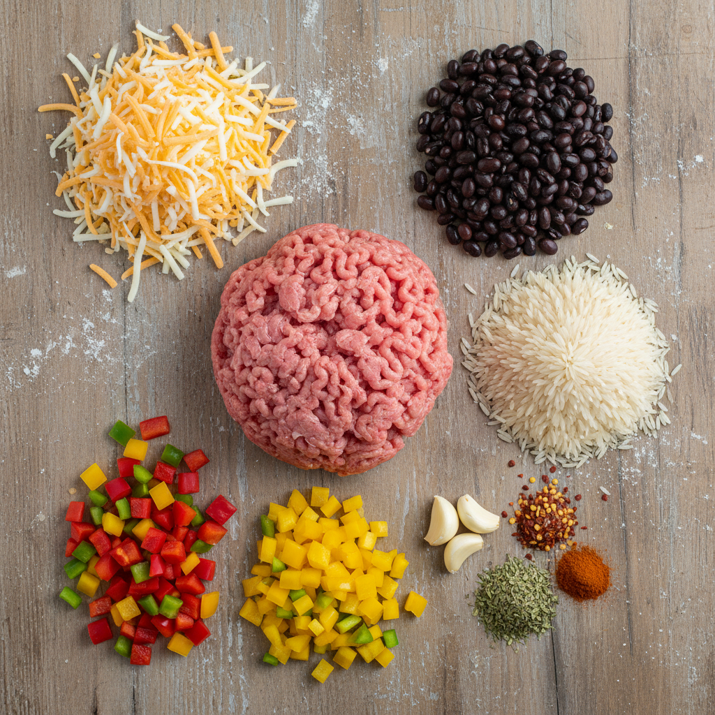 Ingredients for Ground Turkey Taco Casserole on a wooden table