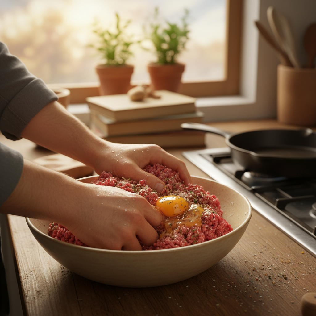 Ingredients for hamburger steak with onions and gravy displayed
