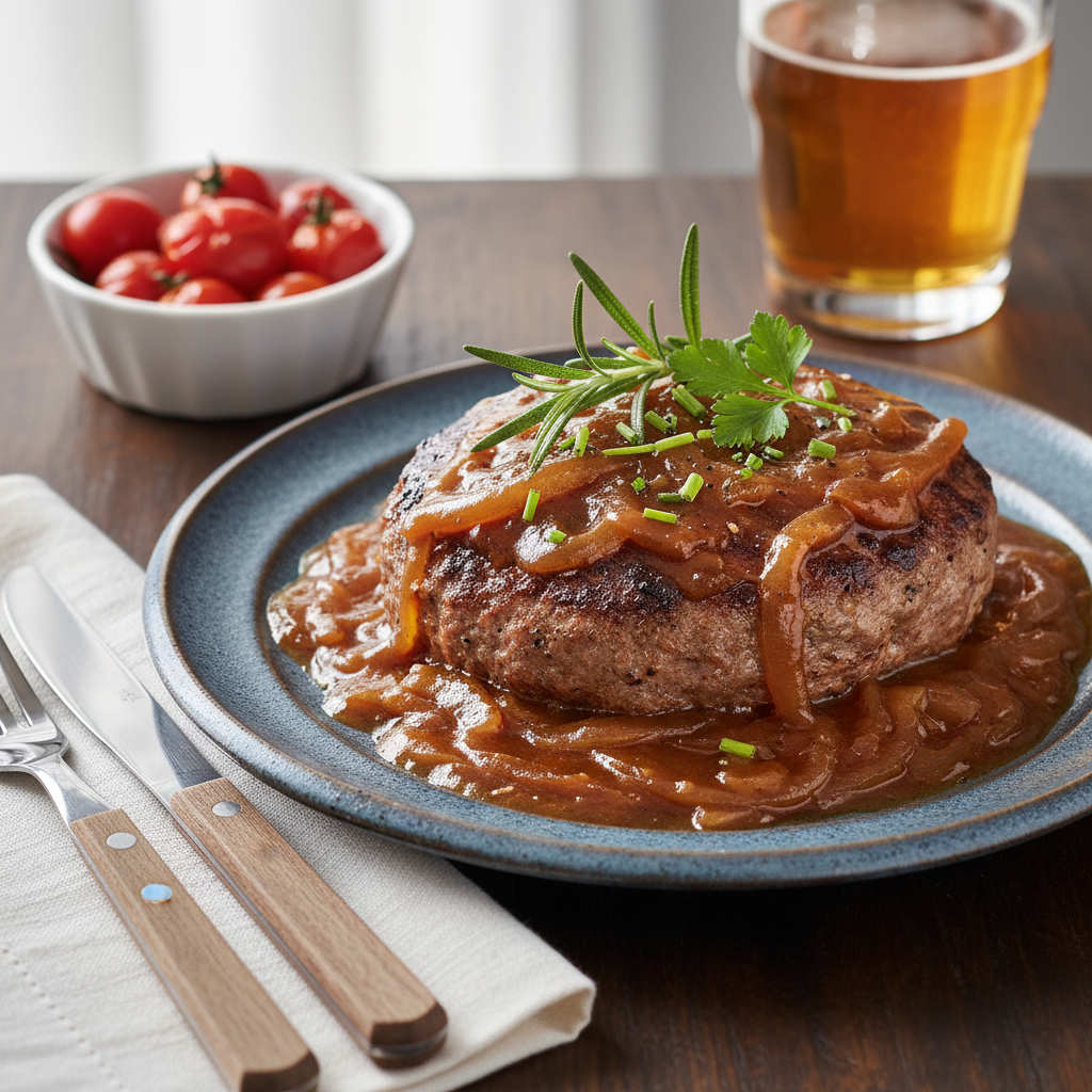 Hamburger steak served with mashed potatoes and gravy