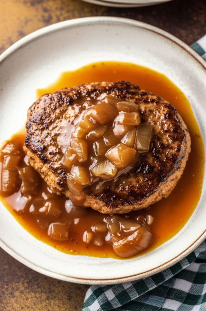 Hamburger steak with onions and gravy served on a plate