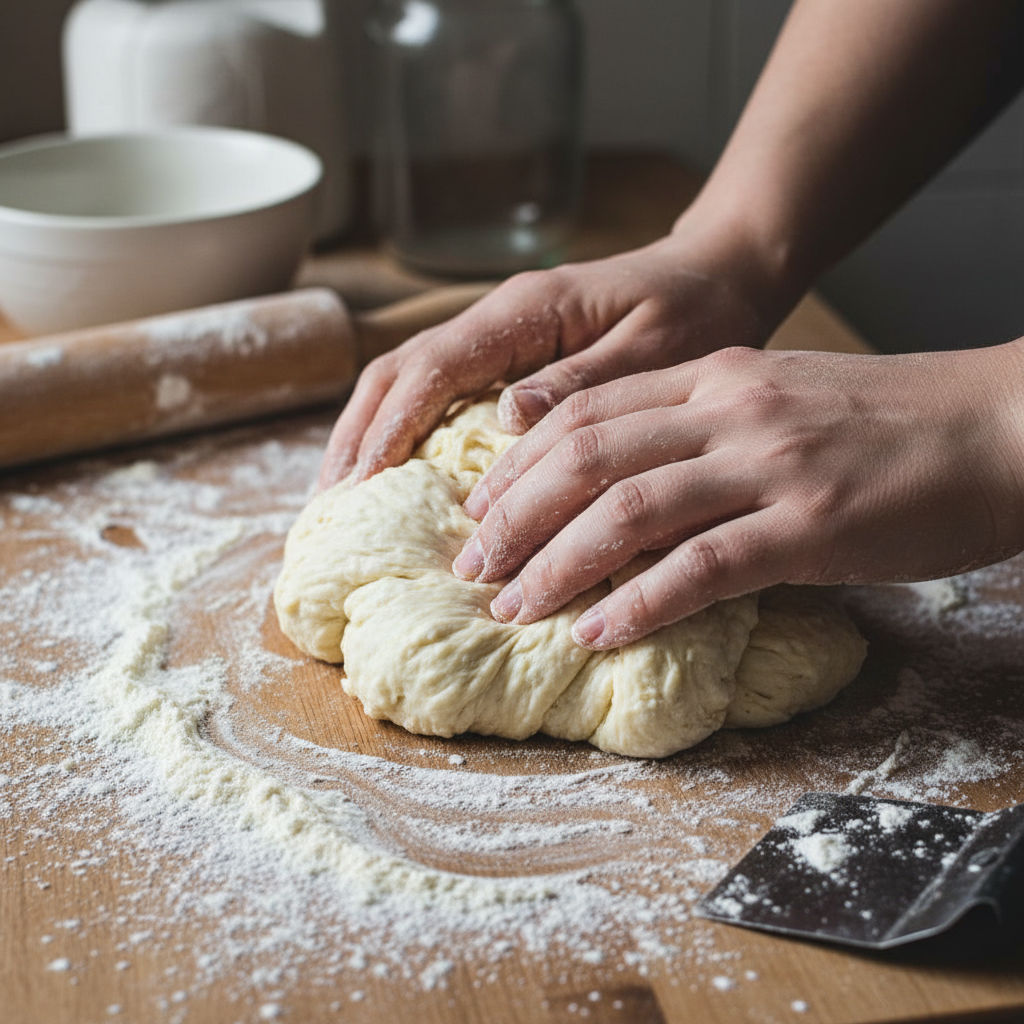 Kneading cottage cheese bagel dough on floured surface