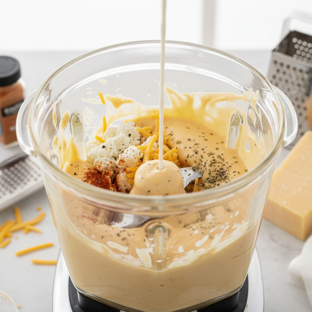 Blending the sauce ingredients for mac and cheese