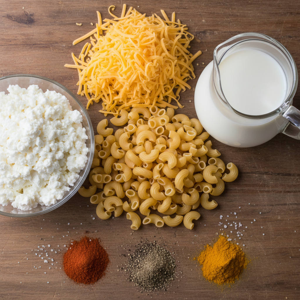 Ingredients for cottage cheese mac and cheese