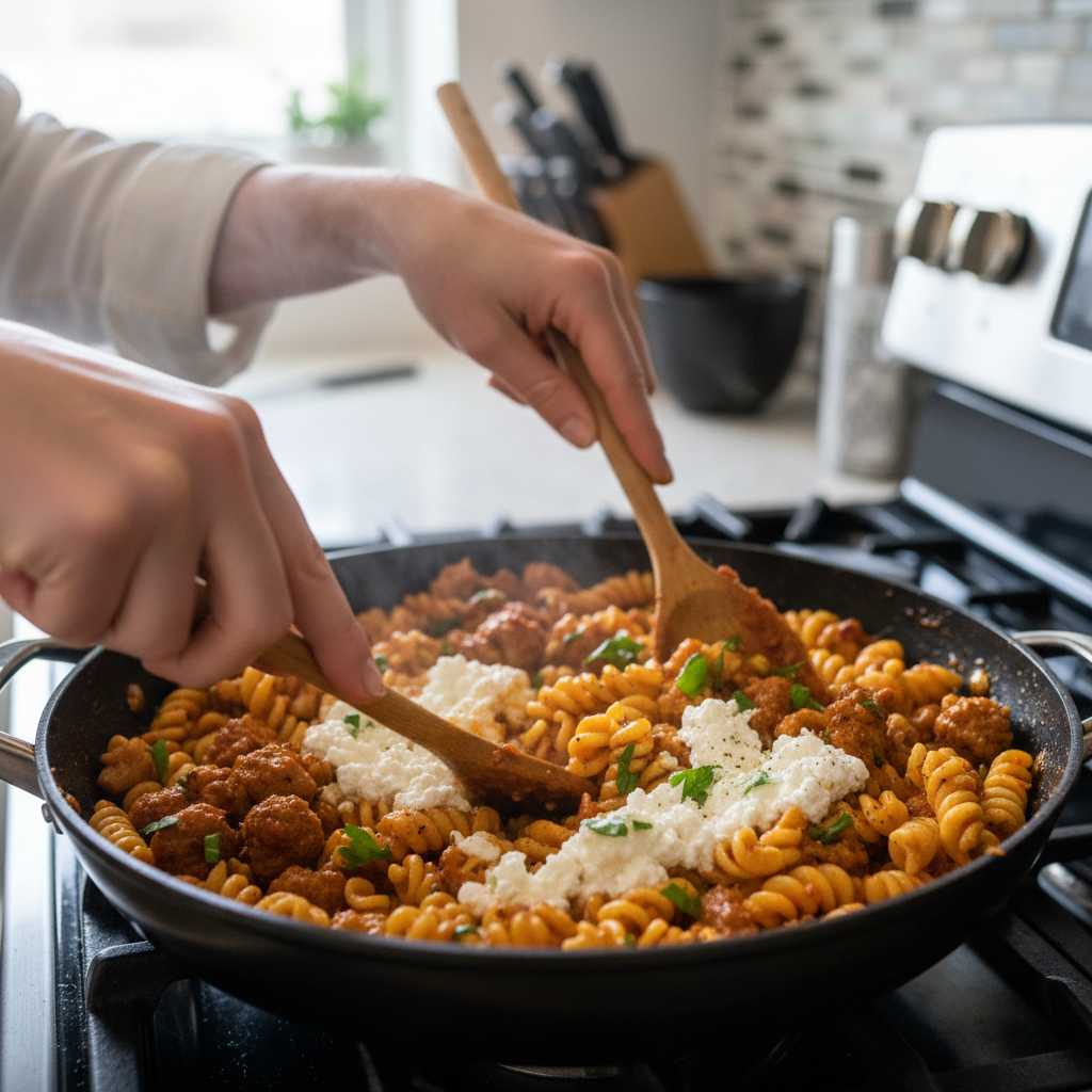 Turkey sausage cooking in skillet