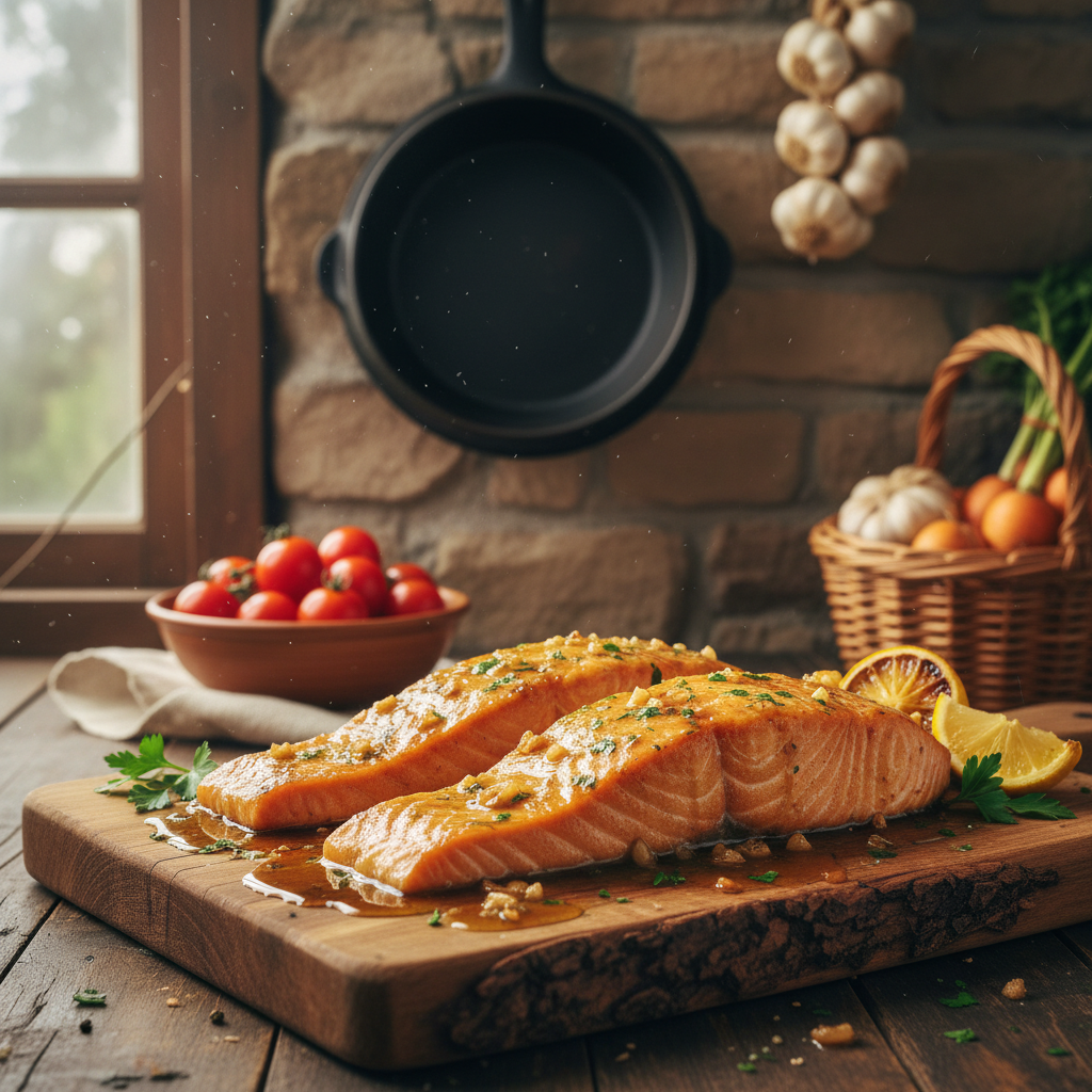 Ingredients for Honey Garlic Butter Baked Salmon on kitchen counter