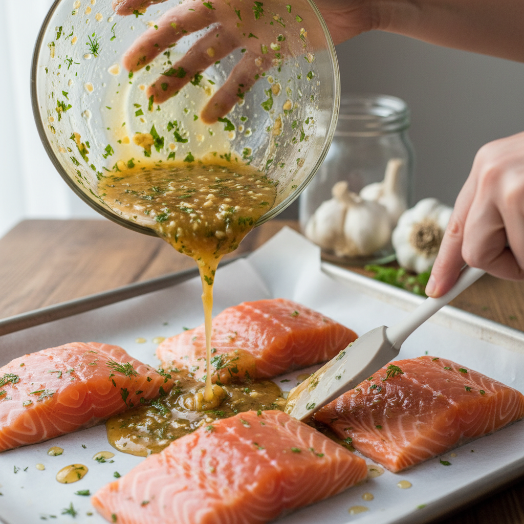 Garlic butter sauce being poured over salmon on baking sheet