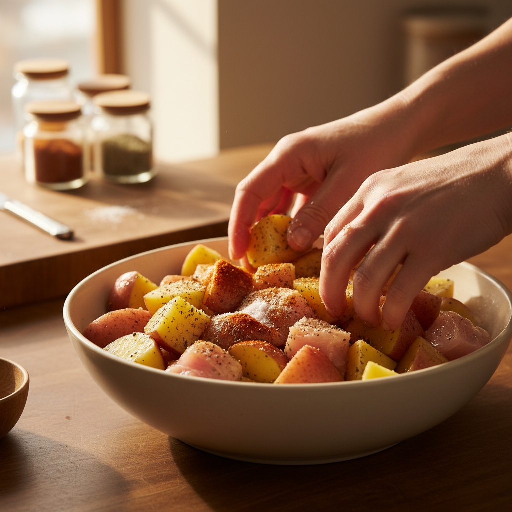 Chicken coated in flour and cooking in pan