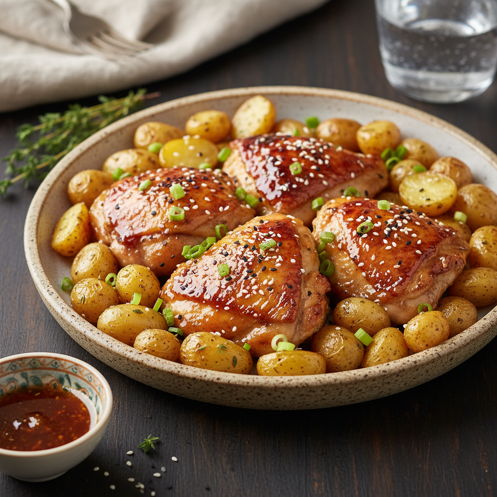 Finished Honey Garlic Chicken garnished with sesame seeds and green onions