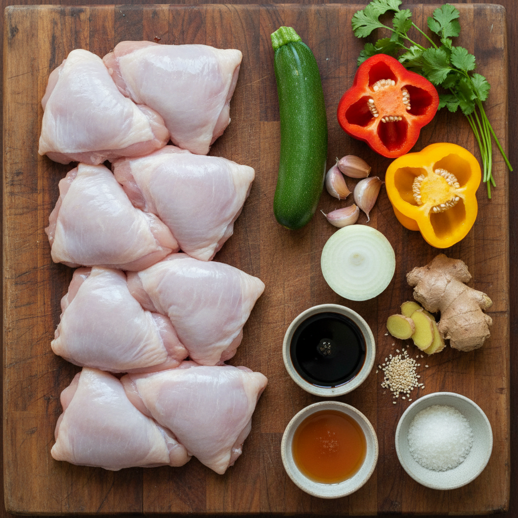 Ingredients laid out for honey garlic chicken stir-fry