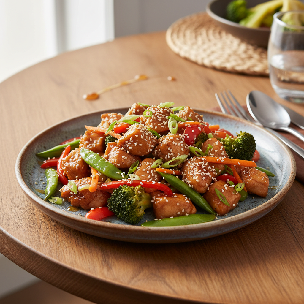 Final honey garlic chicken stir-fry served over rice