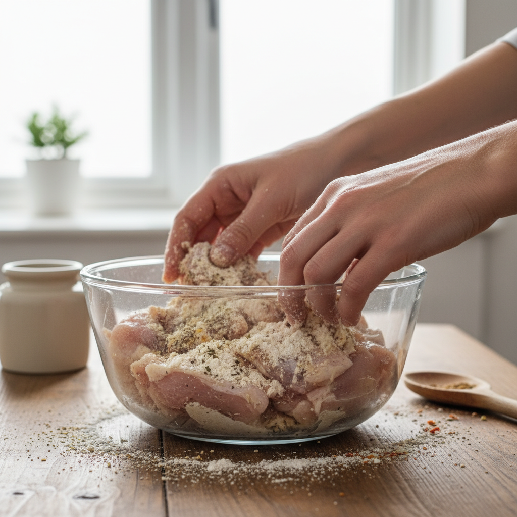 Chicken thighs coated in cornflour salt and pepper ready to cook