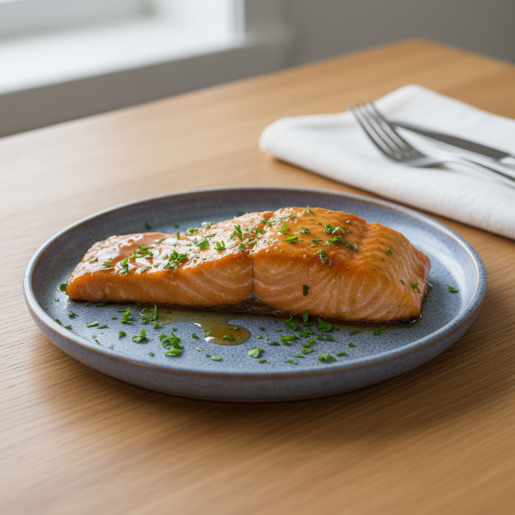 Cooked glazed salmon fillets with garnish