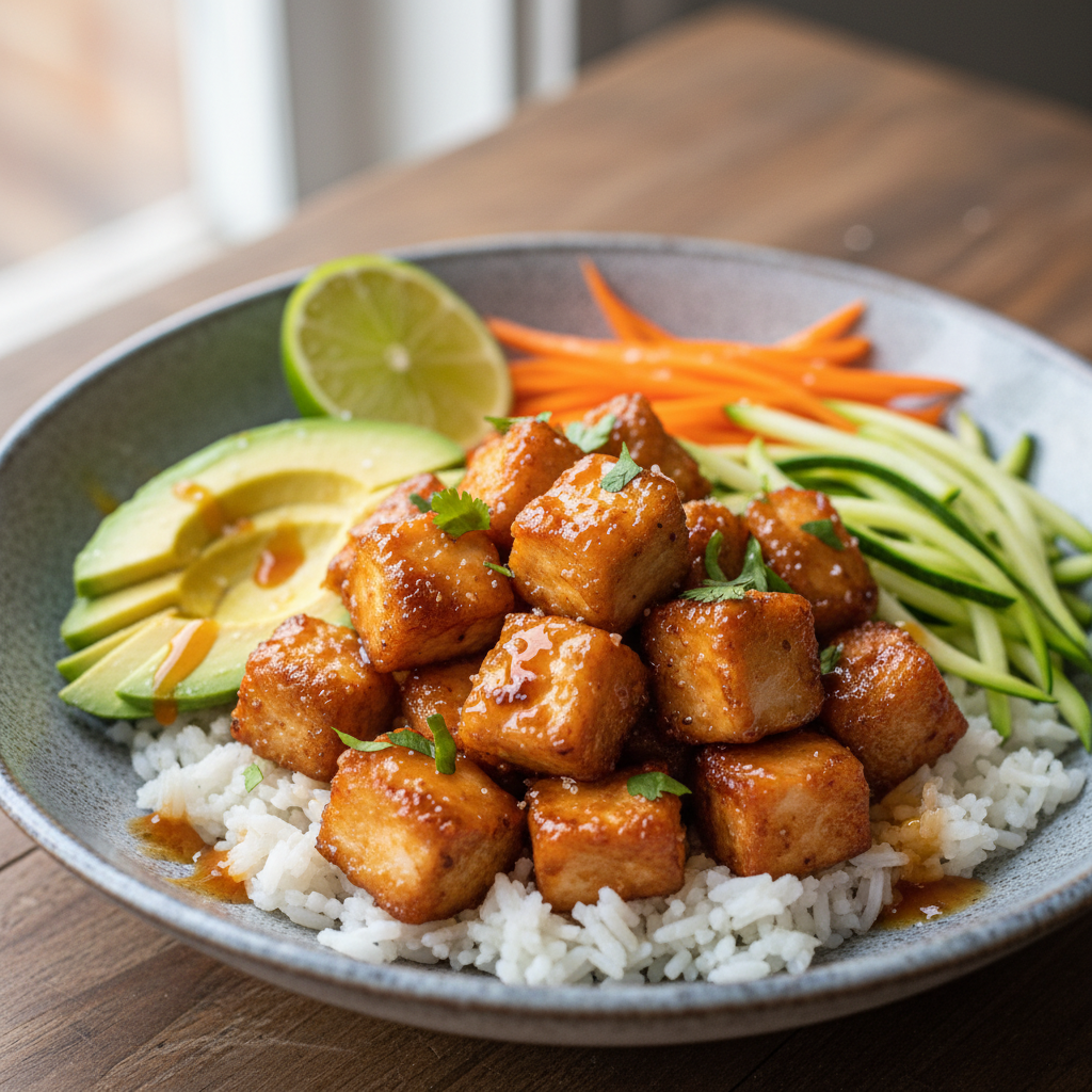 Assembled Hot Honey Chicken Bowls ready to eat