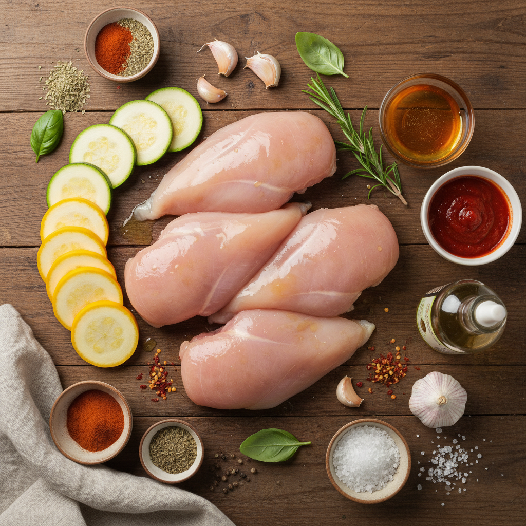 Ingredients for Hot Honey Chicken Bowls arranged
