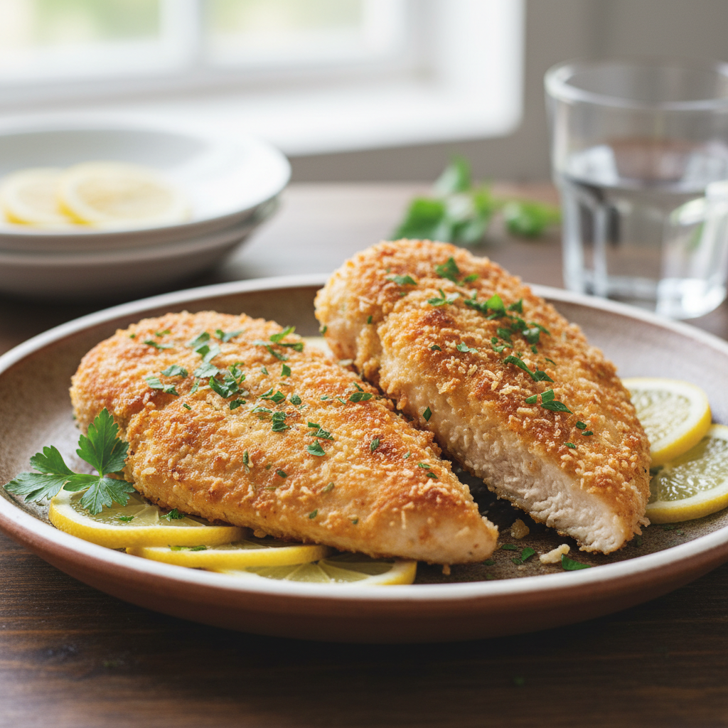 Finished lemon chicken dish garnished with lemon slices and parsley