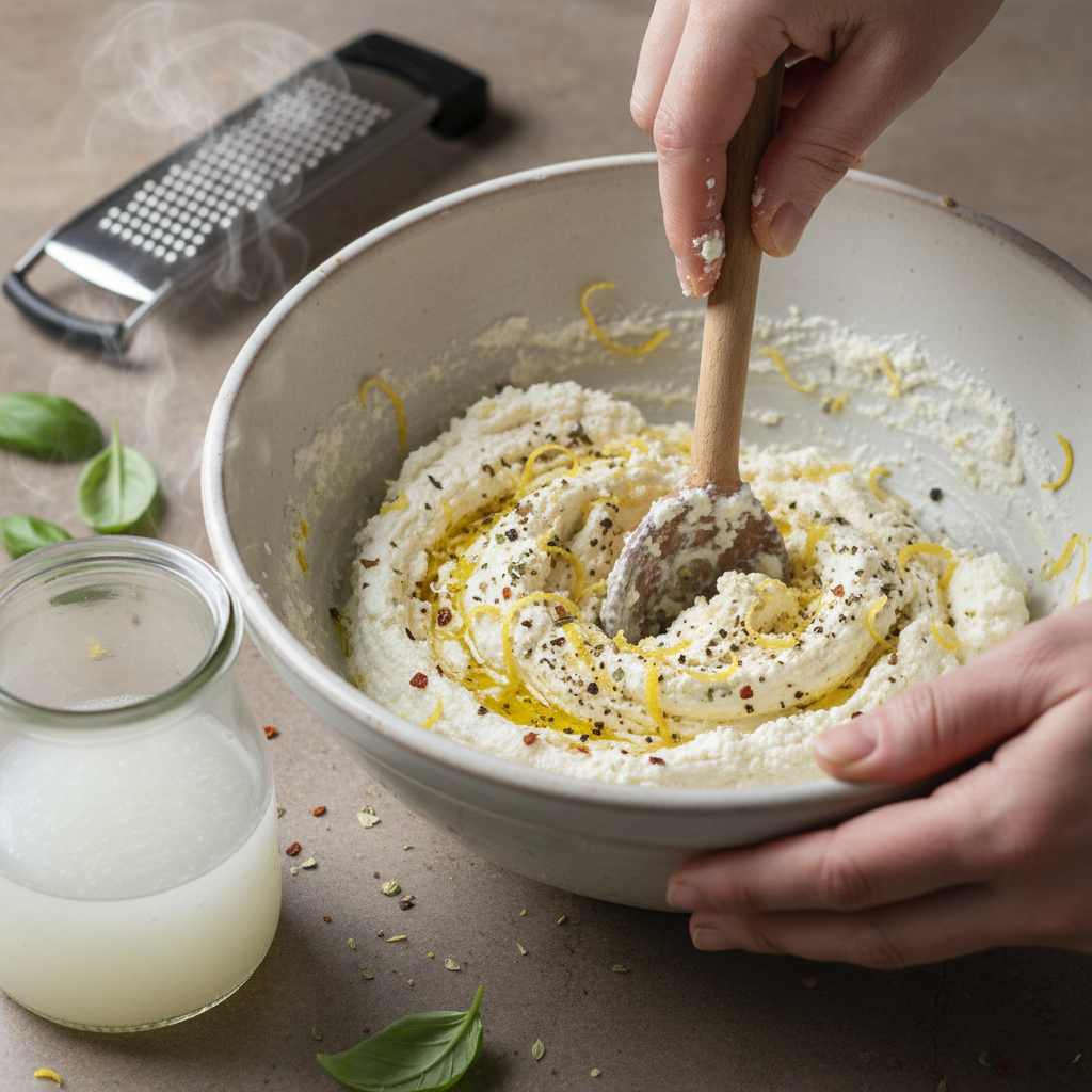 Mixing creamy ricotta lemon sauce in a bowl