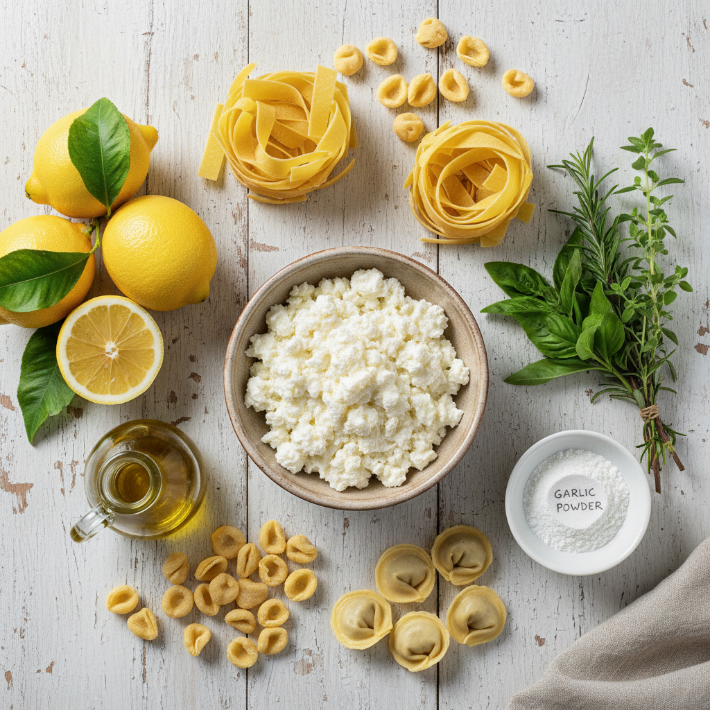 Ingredients for Lemon Ricotta Pasta including ricotta and lemon