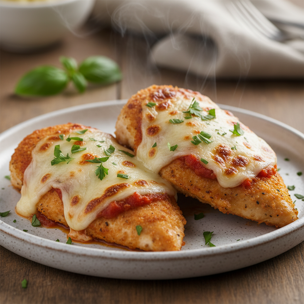 Finished Parmesan chicken served with sides