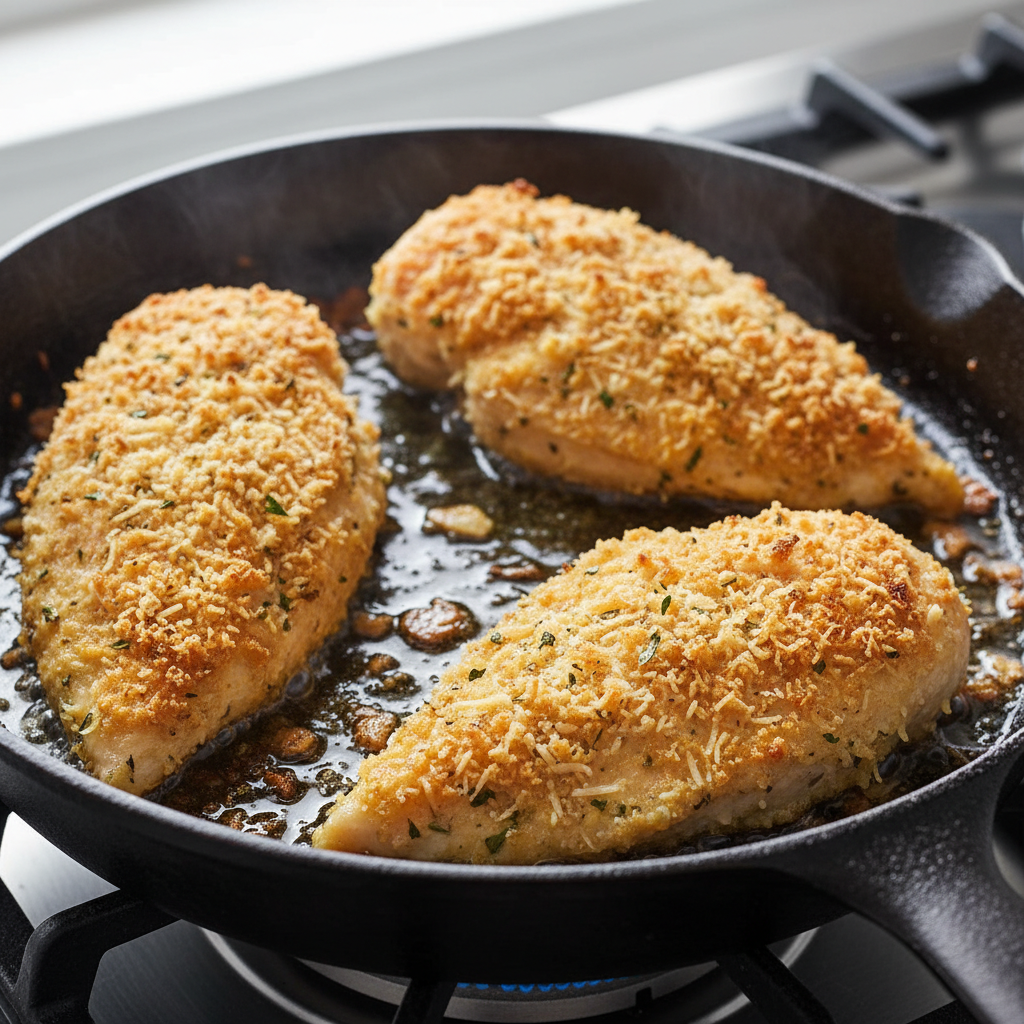 Parmesan chicken plated with a crispy golden crust