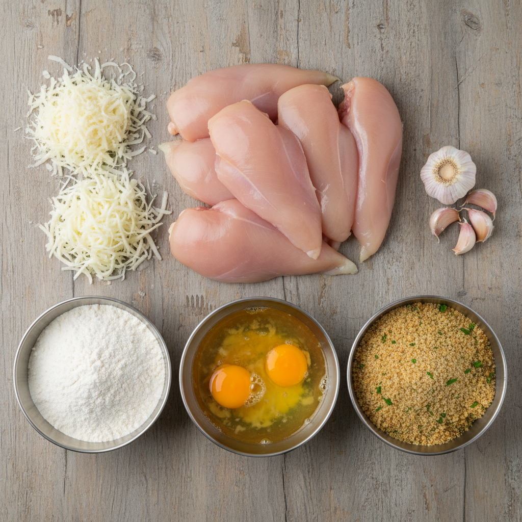 Ingredients for Parmesan chicken neatly arranged