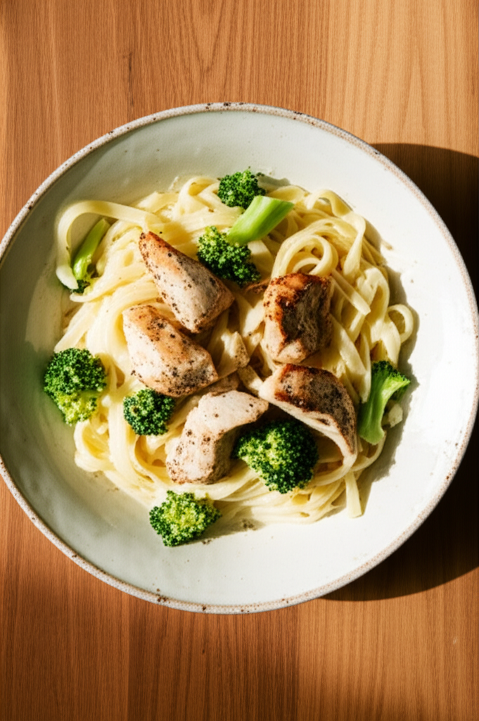 Chicken and broccoli in garlic Alfredo sauce