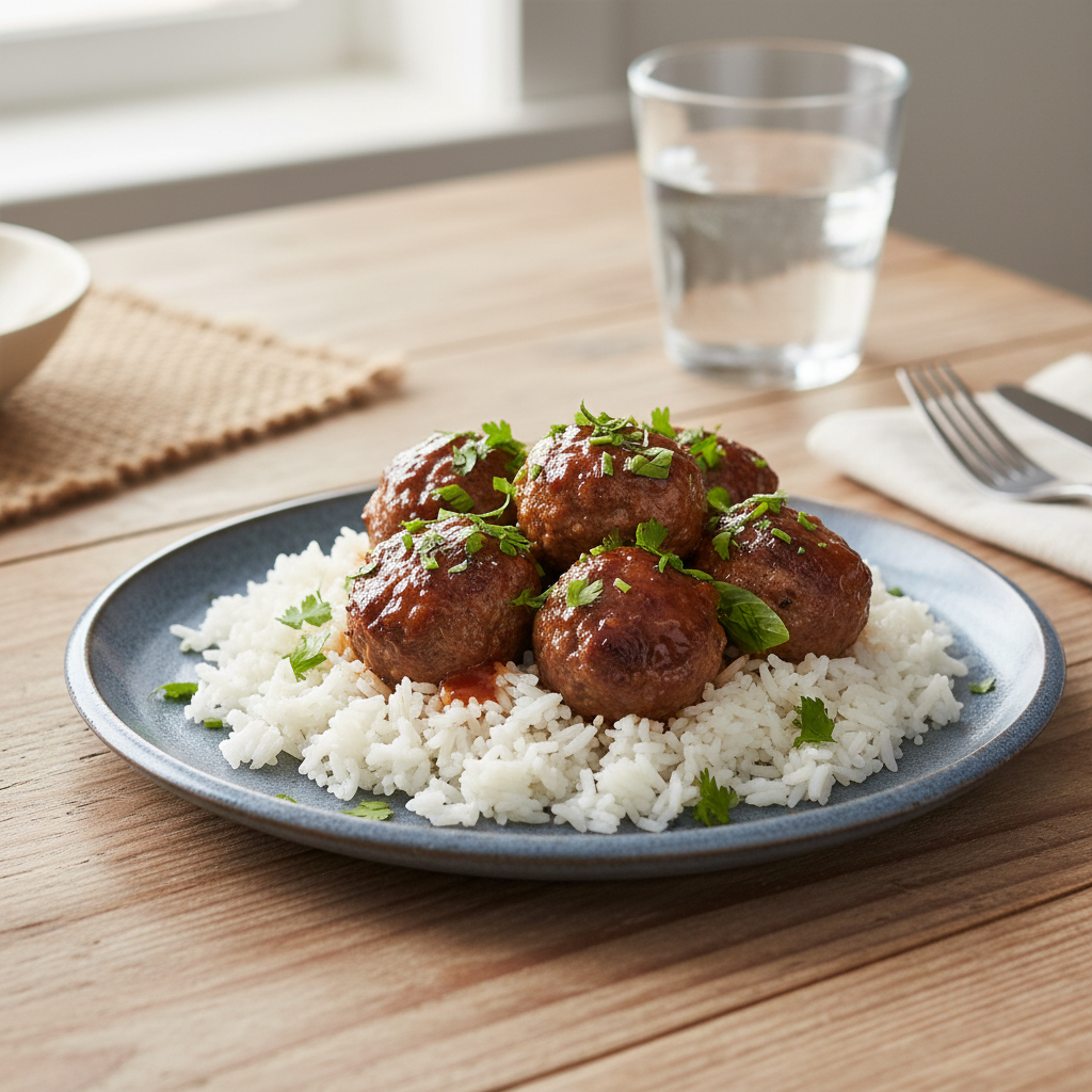 Variations of meatballs and rice meal