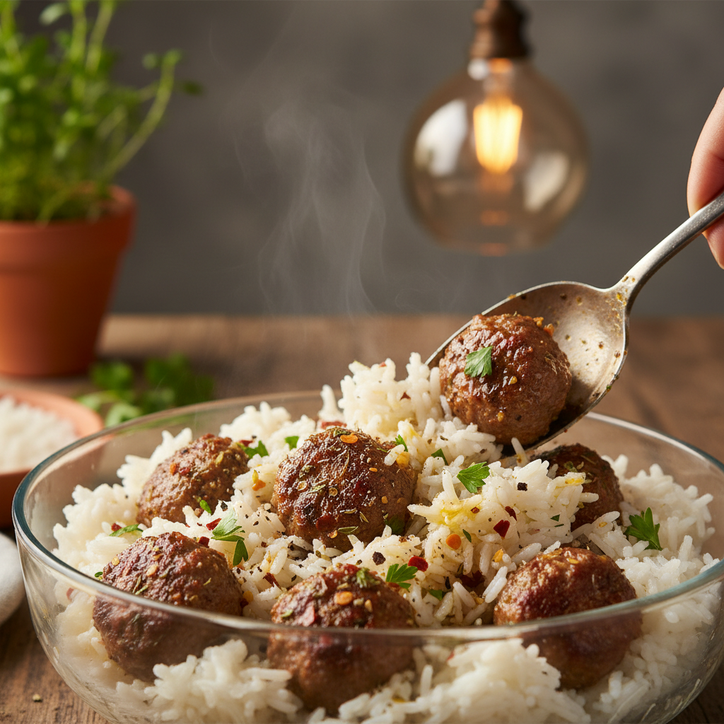 Cooking meatballs with garlic in skillet