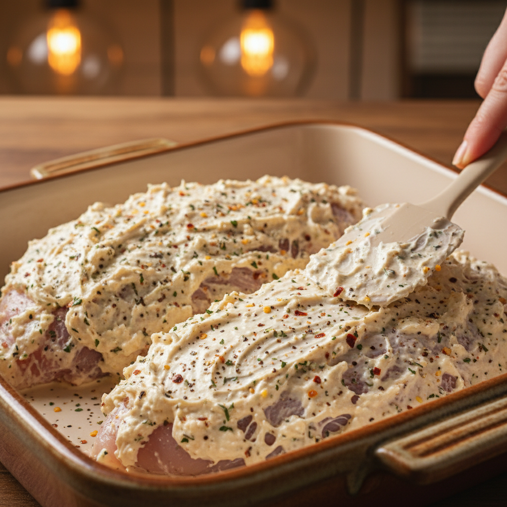 Chicken breasts coated with creamy mixture in baking dish