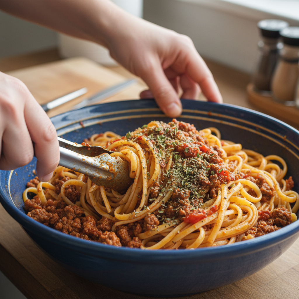 Ground beef cooking with sauce ingredients in skillet