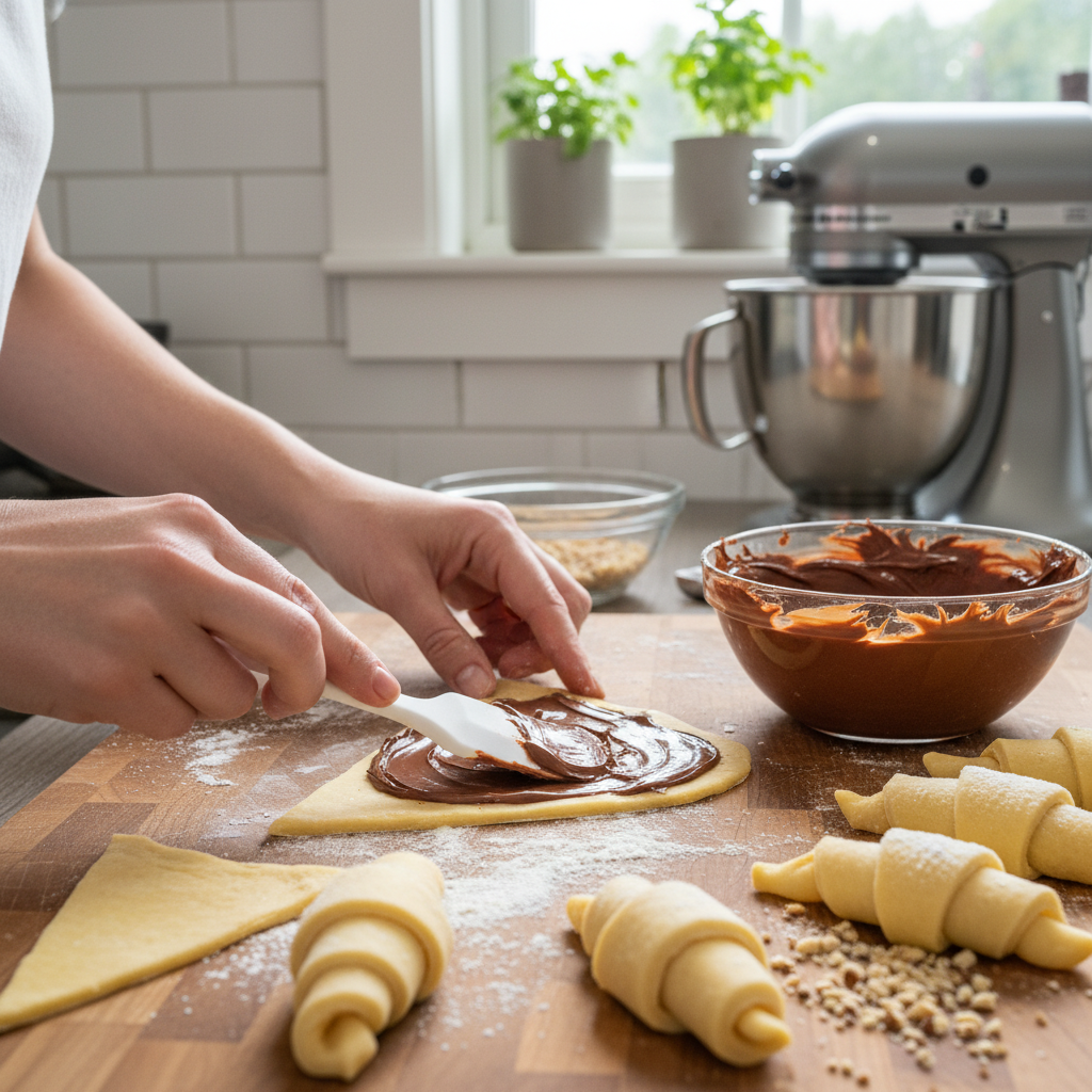 Spreading Nutella on crescent roll dough