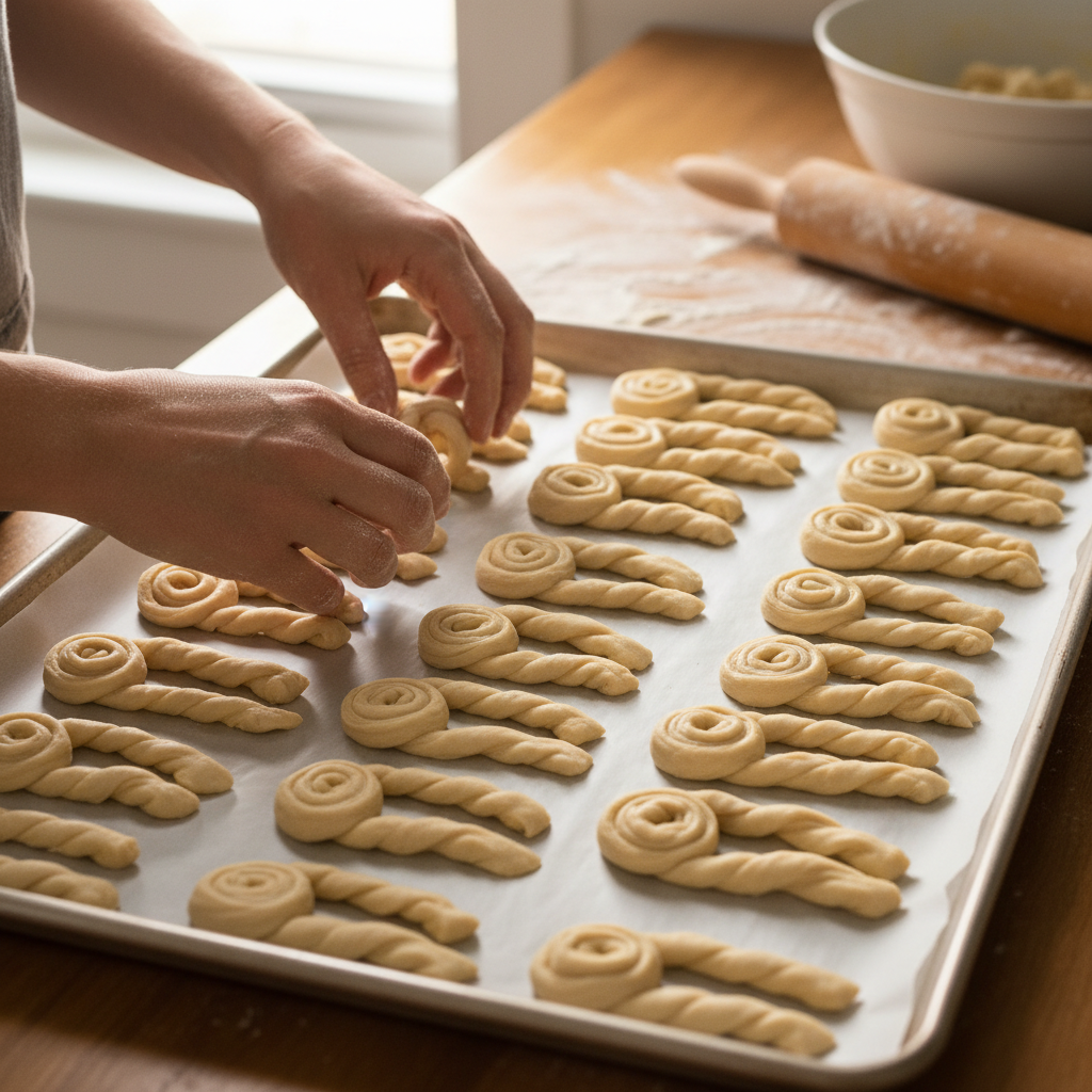Rolled breadsticks on baking sheet
