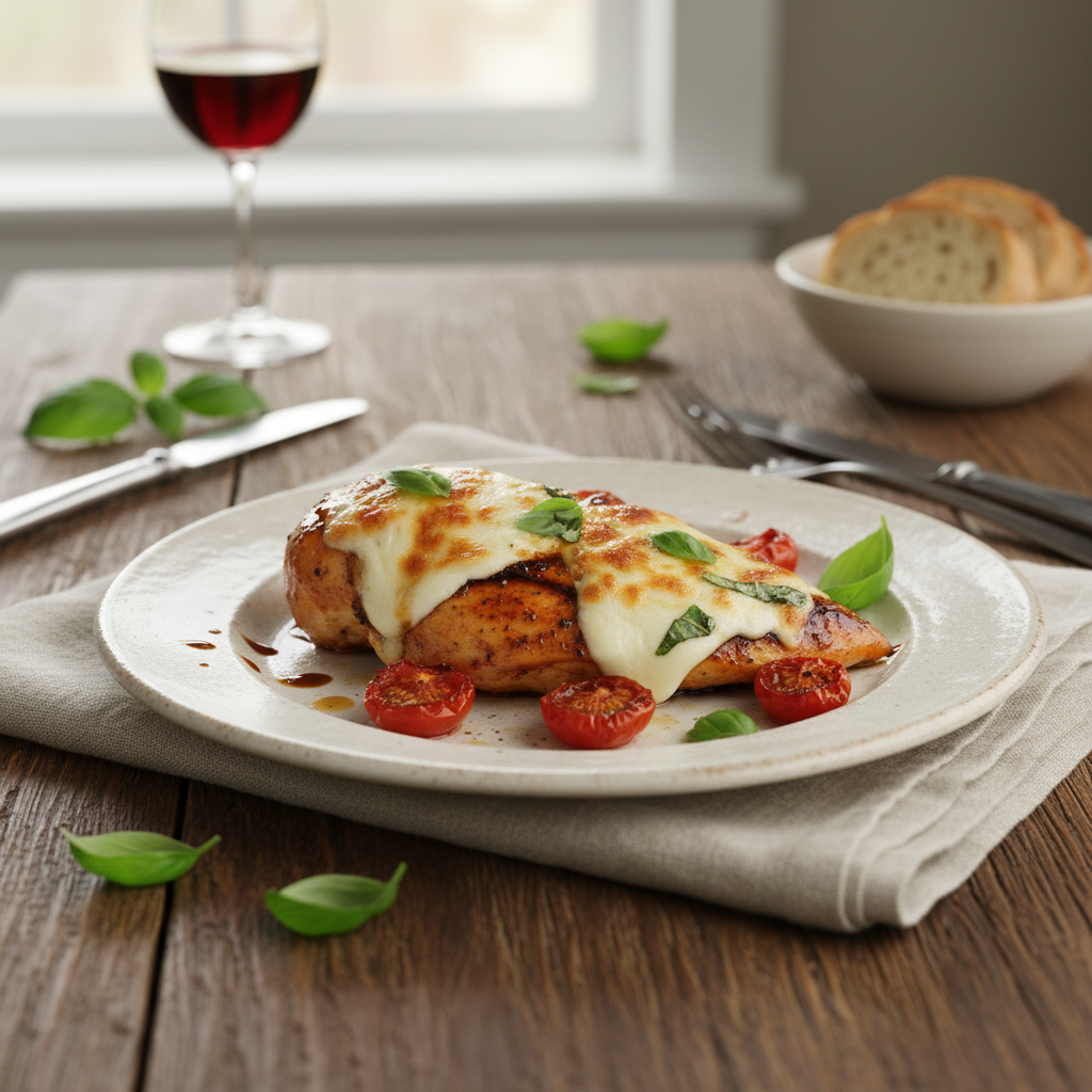 Finished balsamic chicken with mozzarella and basil