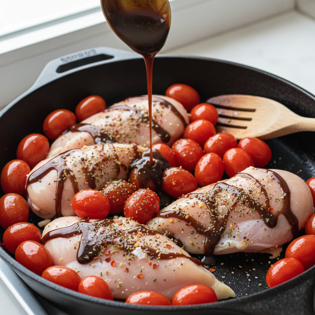 Chicken searing in pan for balsamic basil recipe
