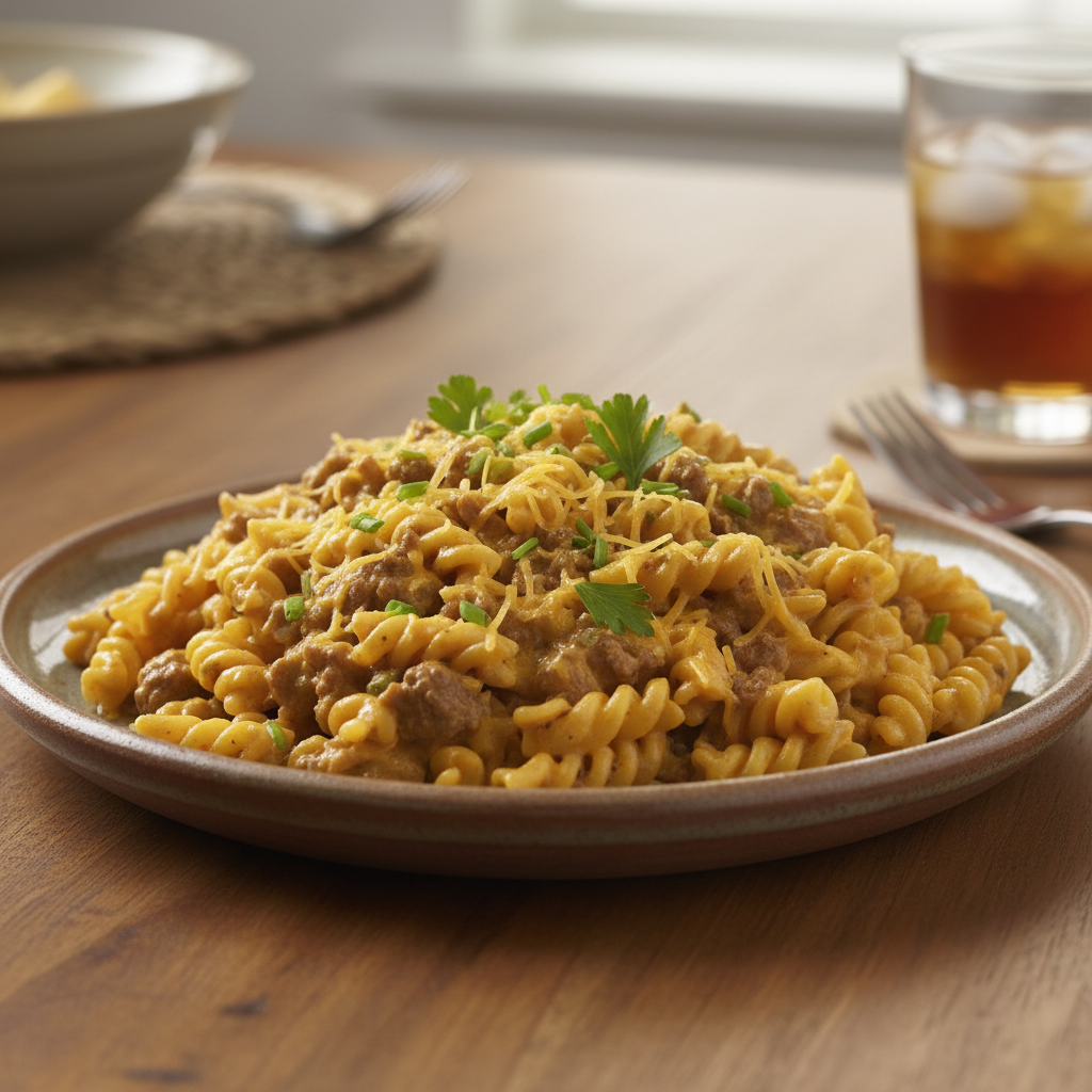 Served One-Pot Beef and Cheddar Ranch Pasta with sides