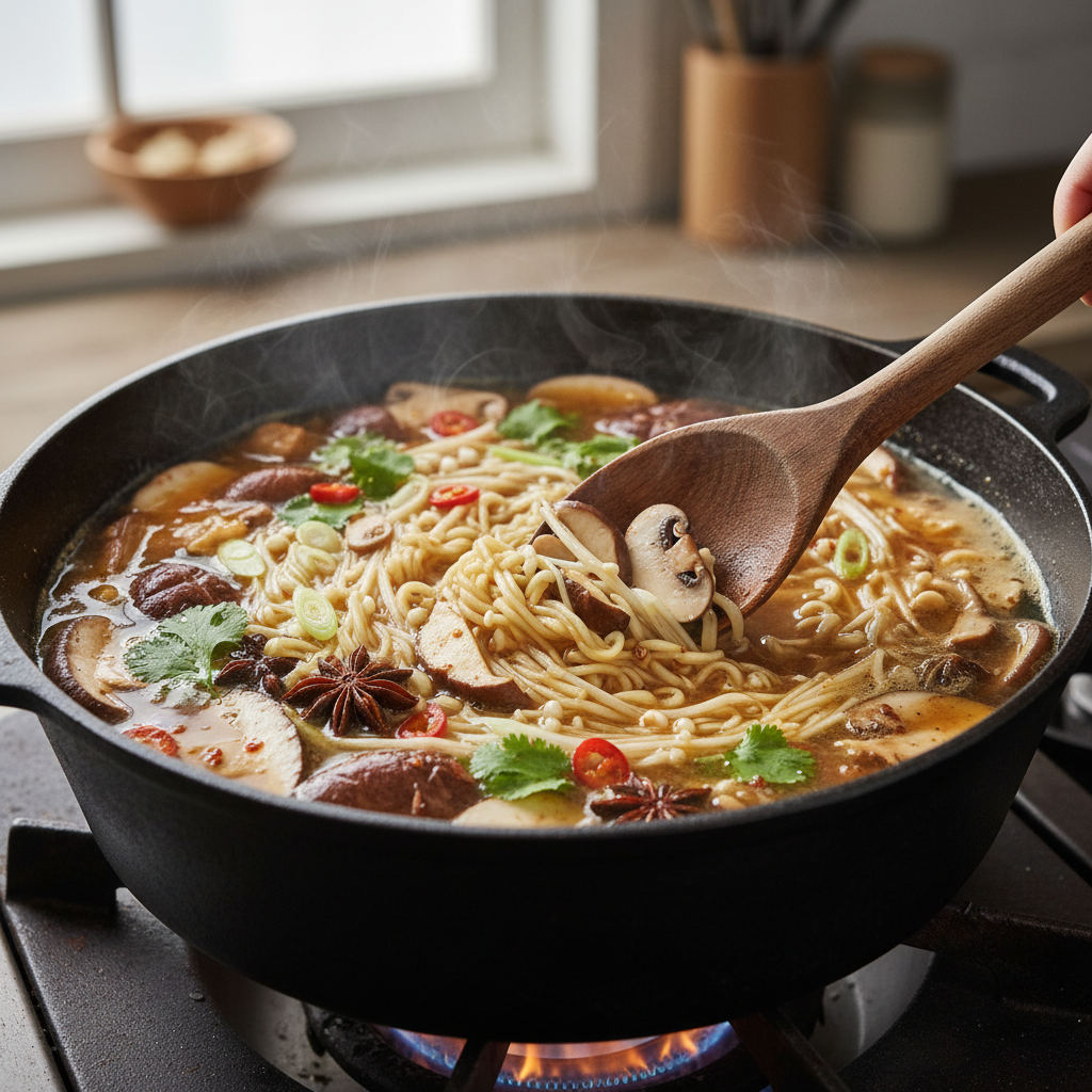 Cooking noodles and broth mixture