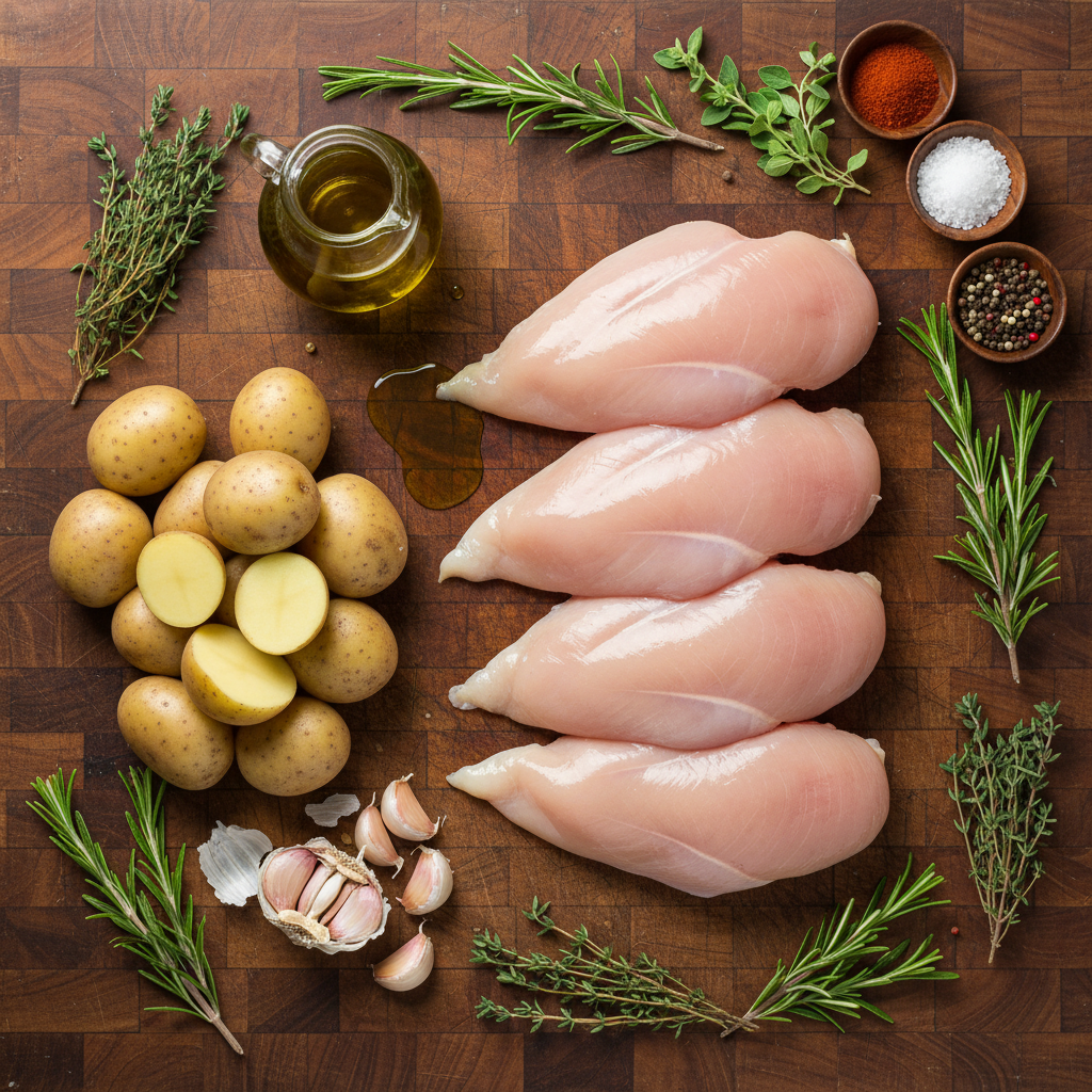 Ingredients for oven baked chicken breasts including spices and marinade