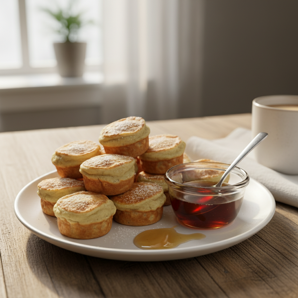 Finished pancake mini muffins served with maple syrup